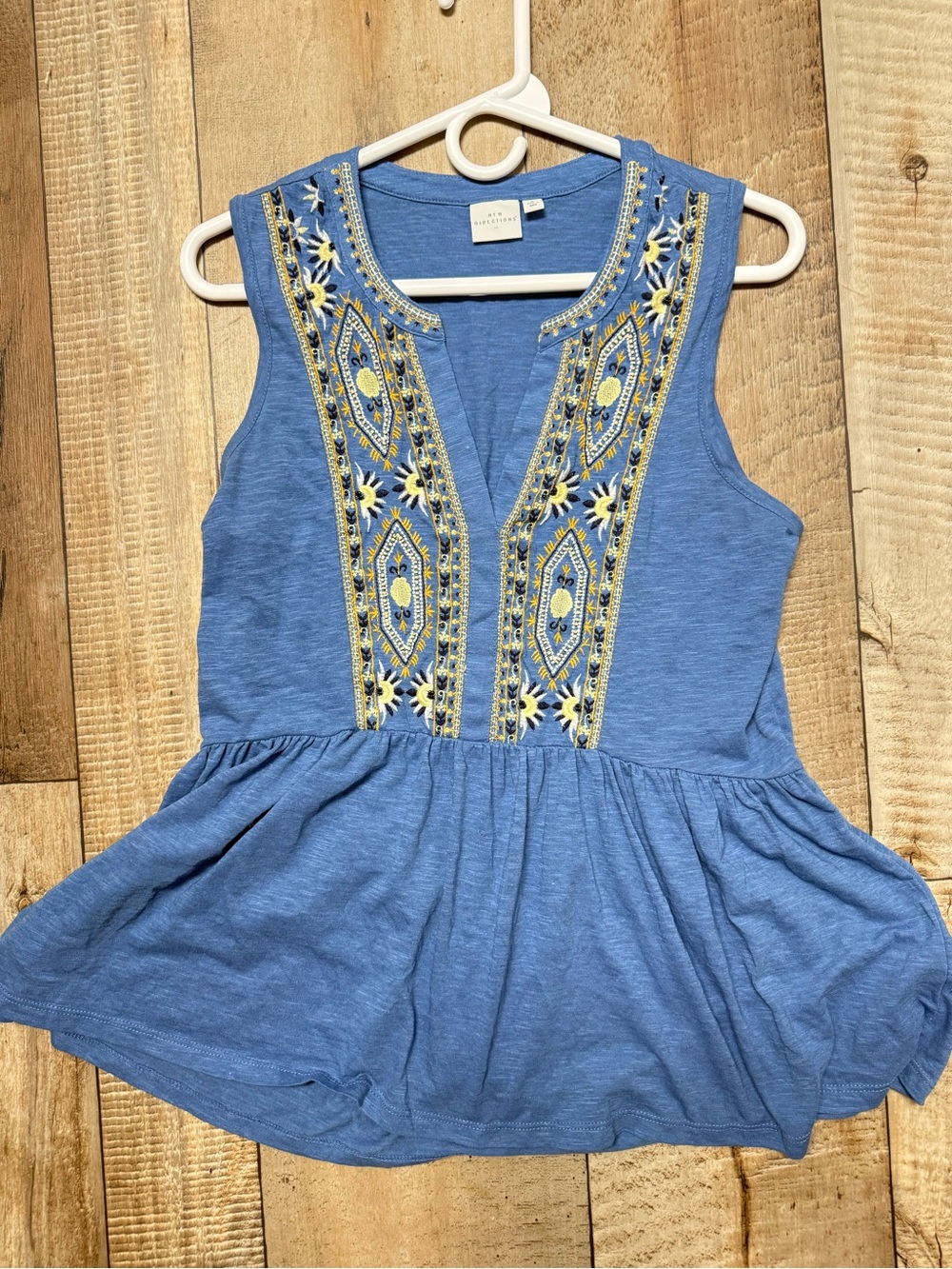 new directions Blue Embroidered Peplum Tank with Yellow Accents